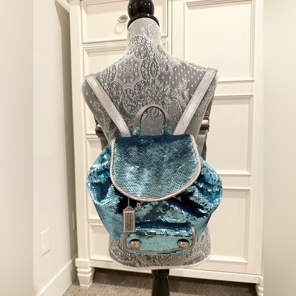 🩵✨ Coach Poppy Spotlight Turquoise Sequin Sparkly Limited Edition Backpack - Picture 14 of 17
